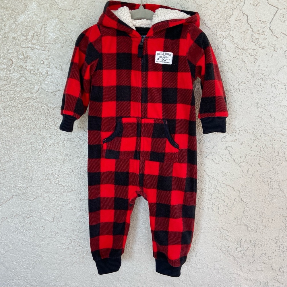 Carter’s Buffalo Plaid Zipper Front Jumpsuit with Sherpa Lined Hood - Sz 9 Mo